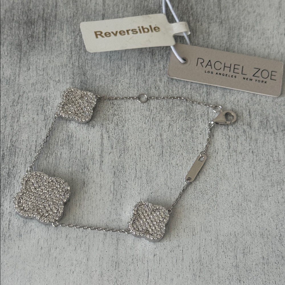 Rachel Zoe 925 Sterling Silver Pave 3 Clover Sparkling Reversible Bracelet - Picture 8 of 12